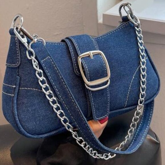 Decorative Buckle Sewing Detail Chain Shoulder Bag, - Picture 1 of 7